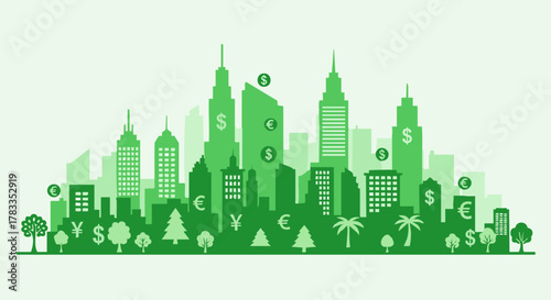 Green Cityscape with Currency Symbols - Sustainable Finance and Economic Growth.