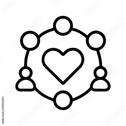 Abstract icon representing community connection and shared love through interconnected figures and a central heart