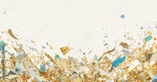 Un vortice di coriandoli dorati e colorati che fluttuano nell'aria crea un'esplosione festosa