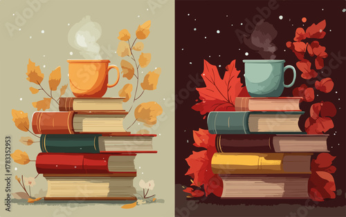 Tazza fumante su una pila di libri circondata da foglie autunnali, un'atmosfera accogliente.