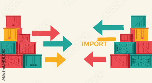 Import and Export Logistics with Shipping Containers and Arrows.
