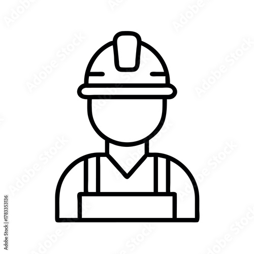 Simple line art icon of a construction worker wearing a hard hat and overalls