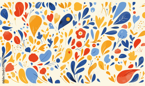 Un vibrante motivo floreale astratto con forme organiche e colori vivaci evoca gioia e natura.