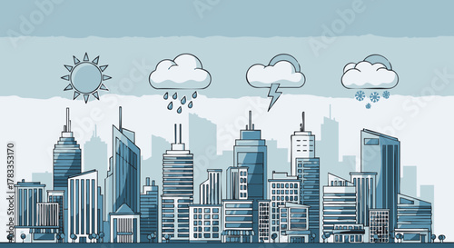 Cityscape Weather Forecast - Sunny, Rainy, and Stormy Conditions.