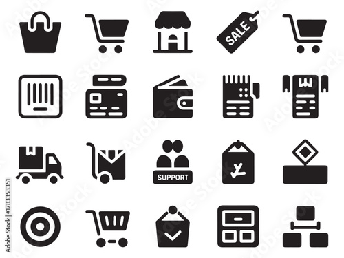 Diverse collection of black glyph style icons representing online shopping and business essentials