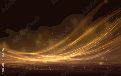 Onda dorata luminosa con particelle scintillanti su sfondo scuro, arte astratta