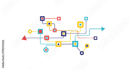 Abstract Network of Colorful Shapes and Lines on White Background.