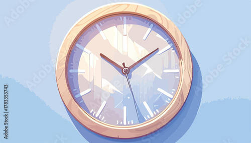 Orologio da parete in legno con riflessi luminosi su sfondo azzurro