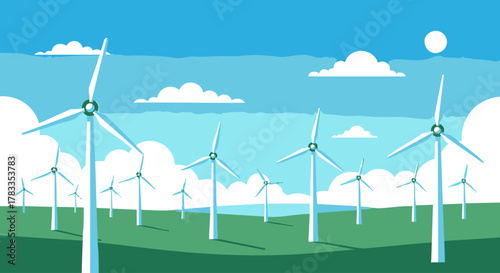 Wind Turbines in a Green Field Generating Renewable Energy.
