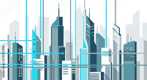 Modern city skyline with tall skyscrapers and futuristic design, urban architecture.