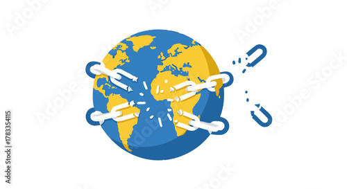 Global interconnectedness concept with chains around the world, representing connection.