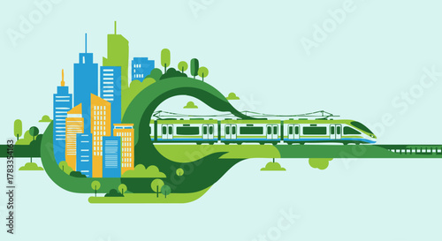 Modern city with train transportation and green environment concept illustration.