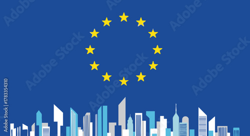 European Union flag with cityscape representing unity and progress.