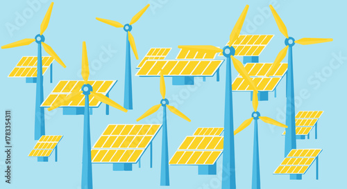 Renewable energy sources - wind turbines and solar panels generating clean power.