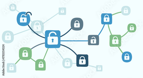 Network security concept with connected locks representing data protection.