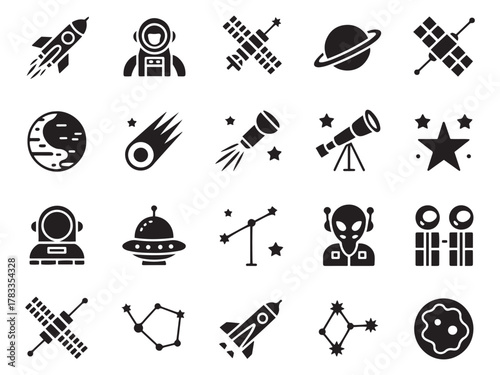 Cosmic exploration icons set featuring rockets astronauts planets aliens and stars for design