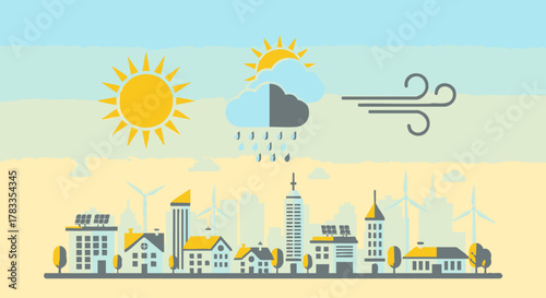 Cityscape under a sunny sky with weather icons depicting sun, rain, and wind.