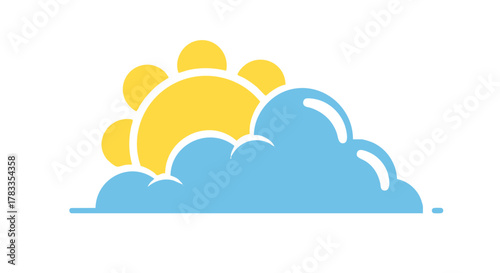 Sunny weather icon depicting a sun partially obscured by a fluffy cloud, simple design.
