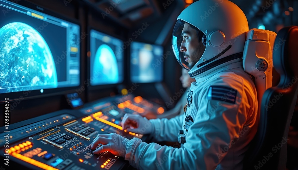 Fototapeta premium Astronauts practice spaceflight simulation inside futuristic control room. Man in spacesuit operates tech. Screens display planets and data. Space exploration training in simulator environment.