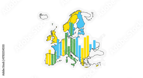 European map with colorful bars representing data visualization and analysis.