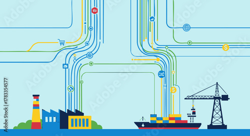 Industrial infrastructure and logistics network with factory and cargo ship.