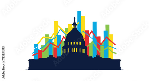 Capitol Building with Colorful Graphs Representing Data and Trends.