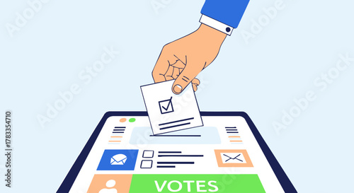 Online voting concept - hand inserting ballot into digital tablet for election.