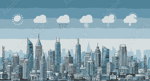 City skyline with weather icons depicting various atmospheric conditions and sunlight.