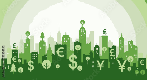 Financial district skyline with currency symbols representing global economy.