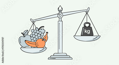 Balance scale comparison of fruits and weight, showing equilibrium and measurement.