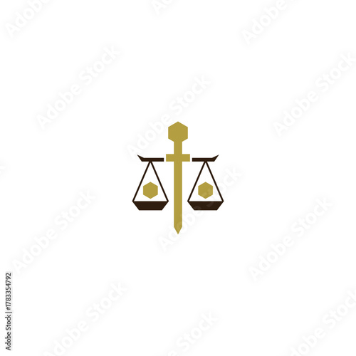 logo design featuring the classic scales of justice with a stylized sword replacing the central pillar