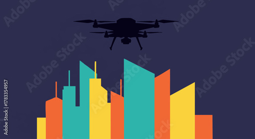 Drone flying over colorful city buildings, urban landscape, aerial view, technology concept.
