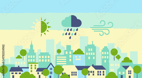 Cityscape weather illustration depicting sun, rain, and wind, a weather forecast.