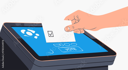 Voting process - Hand placing ballot into electronic voting machine for election.