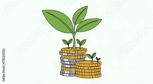 Financial growth concept with coins and growing plants, investment and savings.