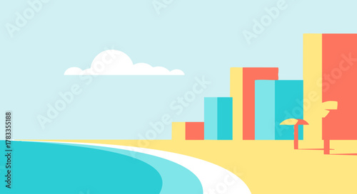 Beachfront Cityscape - A Colorful Coastal Scene with Buildings and Sky.