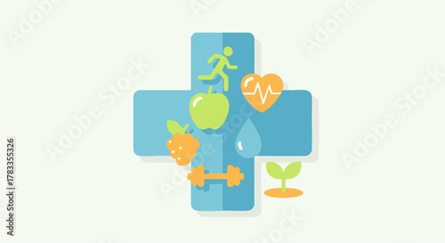 Healthy lifestyle concept with cross symbol and related icons.