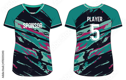 Women Sports Jersey t-shirt design Flat sketch Illustration, Grunge texture V Neck t shirt for girls and Ladies Volleyball jersey, Football, badminton, Soccer and netball, Sport uniform kit