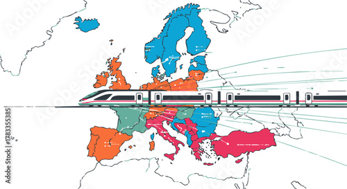 High-speed train travels across Europe, symbolizing transportation and connectivity across borders.