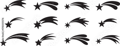 Black shooting star silhouettes, falling meteor, vector art.