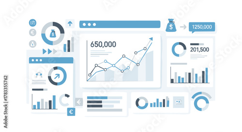 Data analytics and business intelligence dashboard with financial charts and graphs.