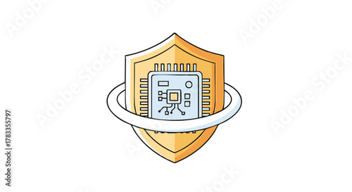 Digital security concept - Shield protecting a computer chip, data protection.
