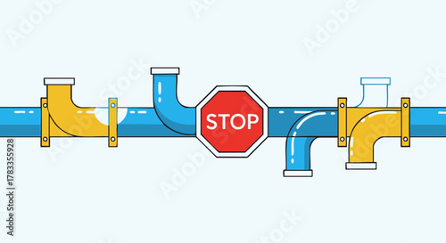 Stop sign blocks the flow of water through pipes, a visual metaphor.