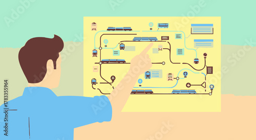 Man pointing at a detailed map of a transportation system.