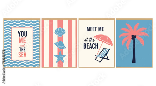 A collection of four charming beachthemed greeting cards, featuring nautical motifs and summer vacation sentiments, perfect for sending warm wishes