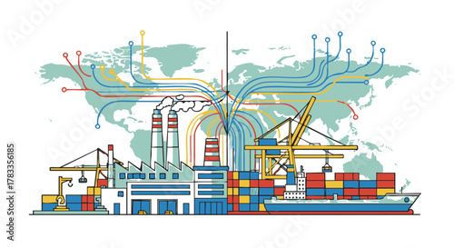 Global industrial supply chain and logistics transportation concept illustration.