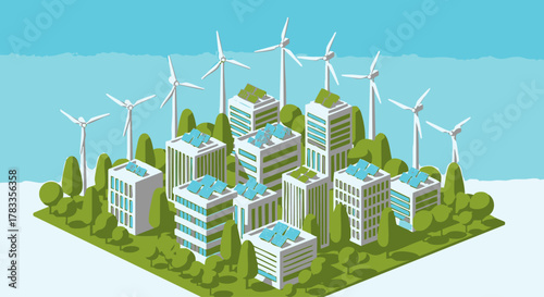Sustainable city concept showcasing renewable energy and eco-friendly buildings.