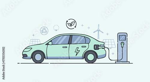 Electric vehicle charging at a station, eco-friendly transportation concept.