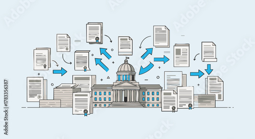 Government building with documents and arrows illustrating process and flow.