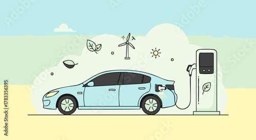 Electric car charging at a station, eco-friendly transportation concept.